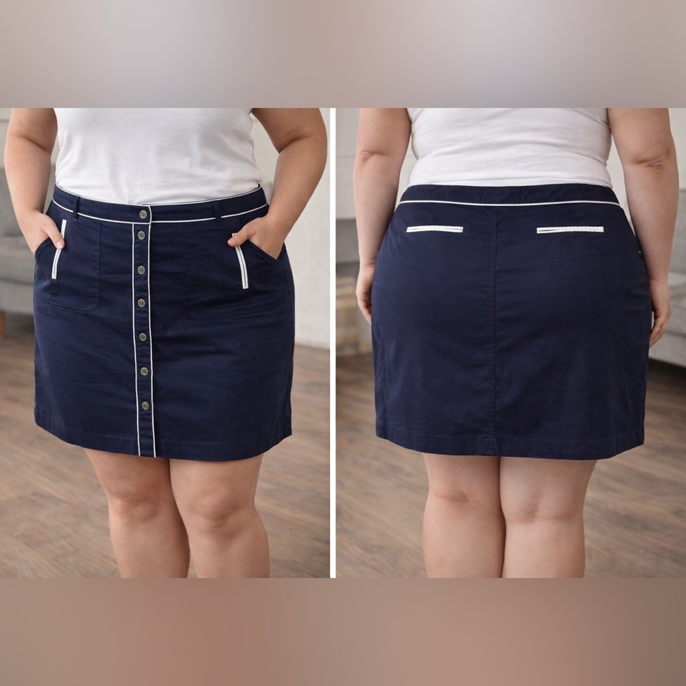Tommy Hilfiger Navy Button Front A-Line Skirt White Piping Size 18